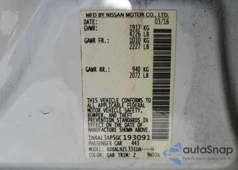 2016 Nissan Altima 2.5 from USA, damaged, VIN 1N4AL3AP5GC193091